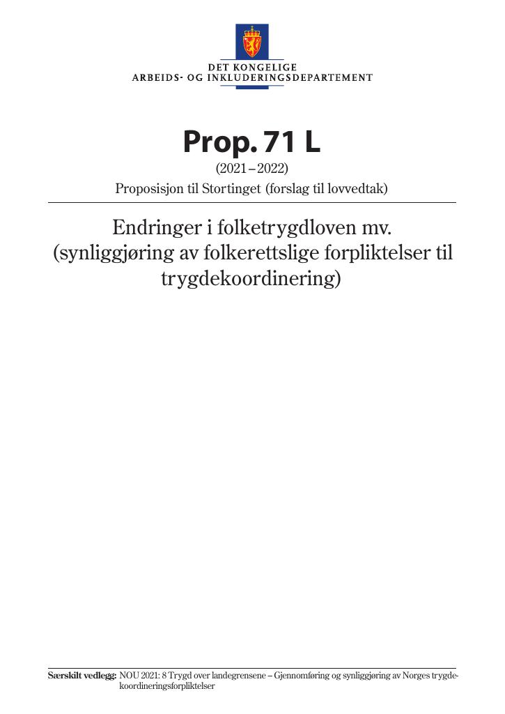 Forsiden av dokumentet Prop. 71 L (2021–2022)