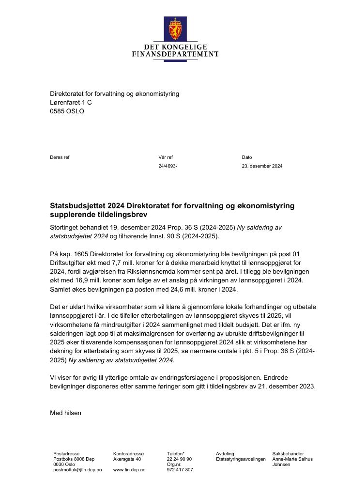 Forsiden av dokumentet Tildelingsbrev Direktoratet for forvaltning og økonomistyring 2024 - tillegg nr. 7