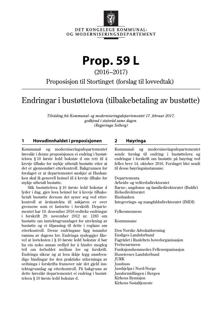 Forsiden av dokumentet Prop. 59 L (2016–2017)