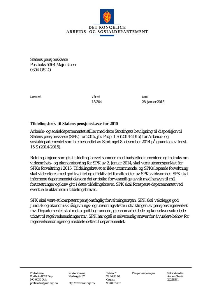 Forsiden av dokumentet Tildelingsbrev (PDF)