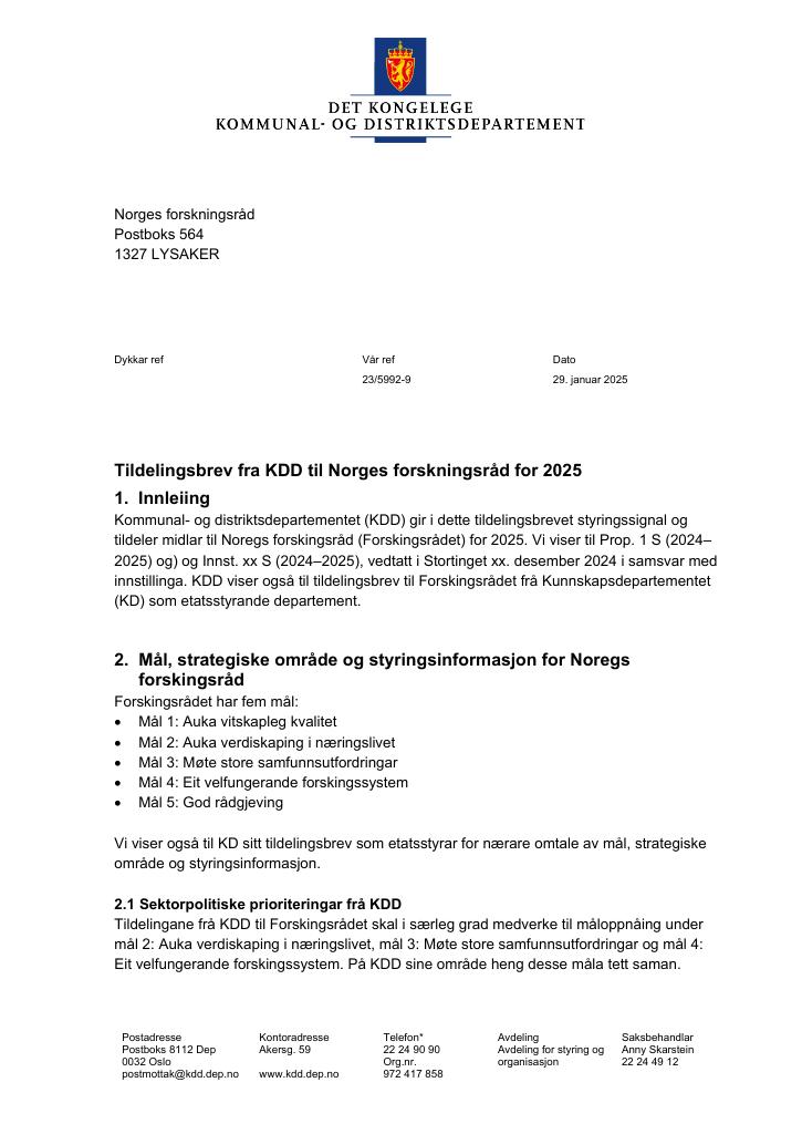Forsiden av dokumentet Tildelingsbrev Forskningsrådet 2025