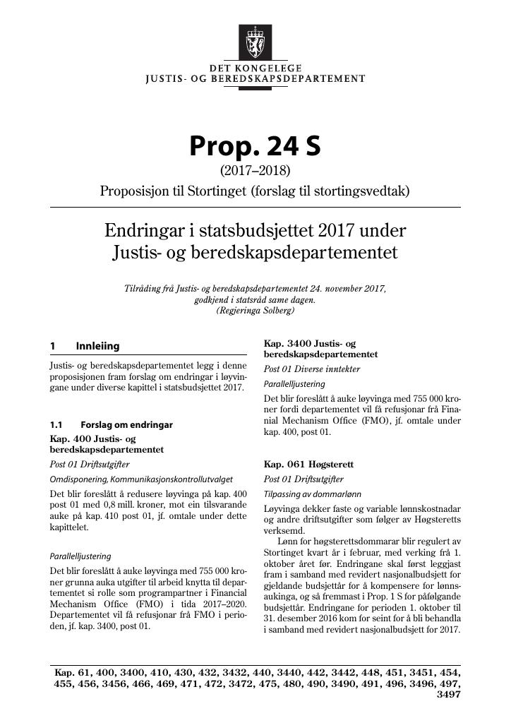 Forsiden av dokumentet Prop. 24 S (2017–2018)
