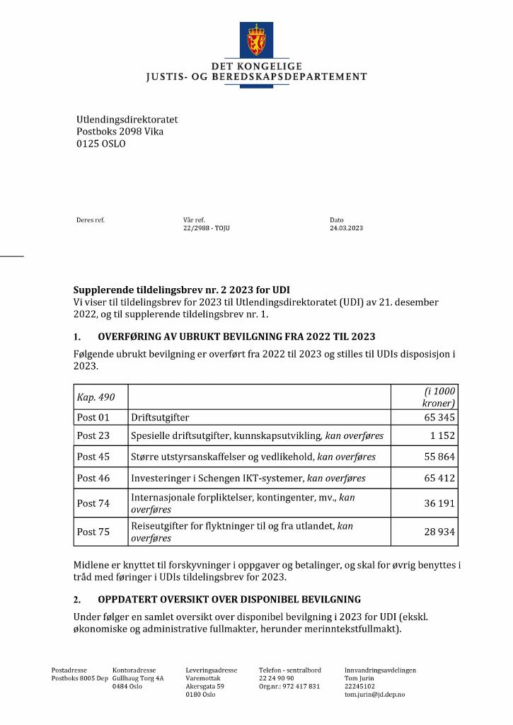 Forsiden av dokumentet Tildelingsbrev Utlendingsdirektoratet 2023 - tillegg nr. 2