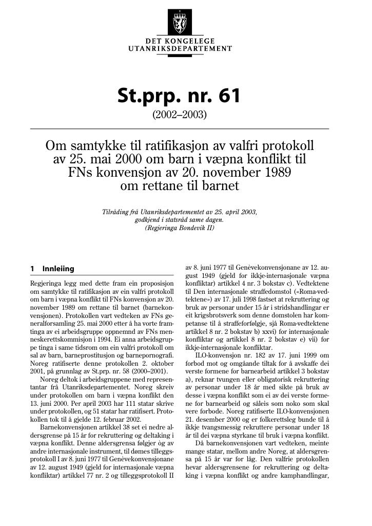 Forsiden av dokumentet St.prp. nr. 61 (2002-2003)