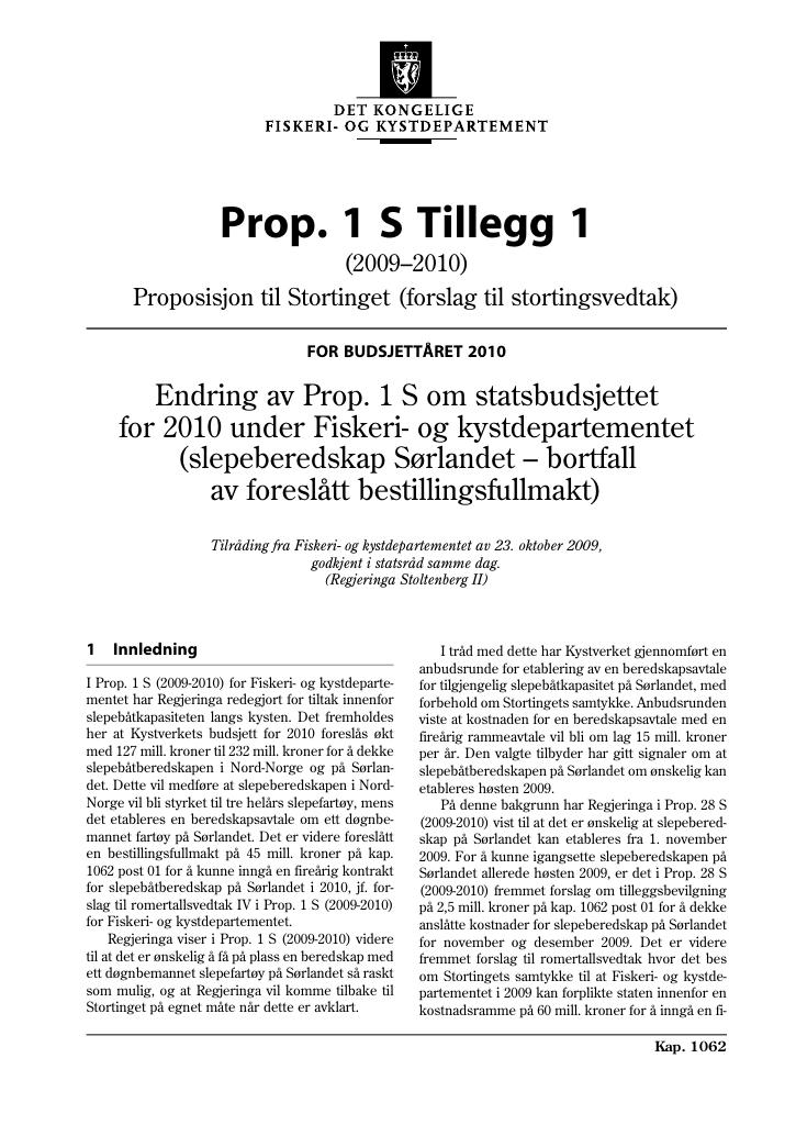 Forsiden av dokumentet Prop. 1 S Tillegg 1 (2009-2010)