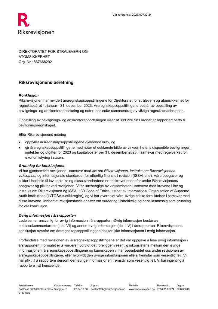 Forsiden av dokumentet Revisjonsberetning Direktoratet for strålevern og atomsikkerhet 2023