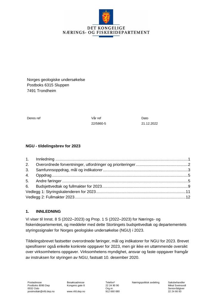 Tildelingsbrev Norges Geologiske Undersøkelse 2023 - Kudos