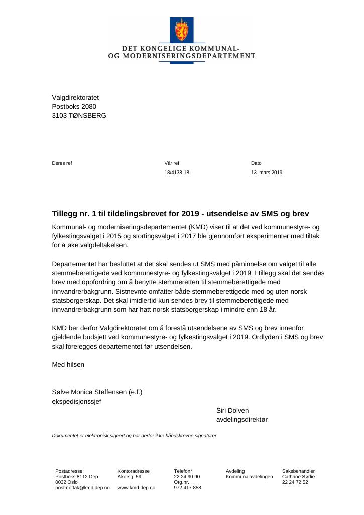 Forsiden av dokumentet Tildelingsbrev Valgdirektoratet 2019 - tillegg nr. 1