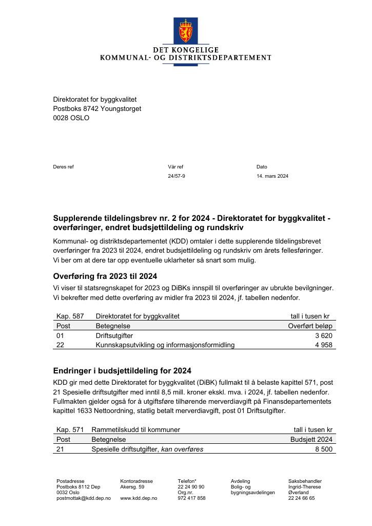 Forsiden av dokumentet Supplerende tildelingsbrev nr. 2 for 2024 (pdf)