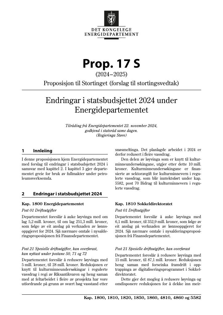 Forsiden av dokumentet Prop. 17 S (2024–2025)