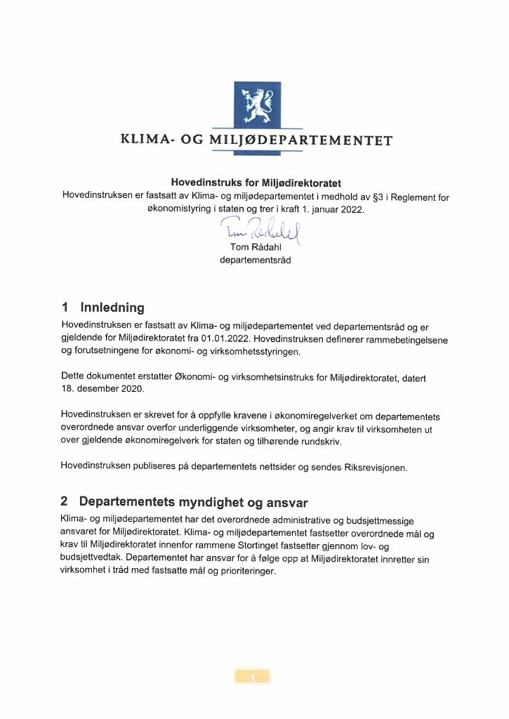 Forsiden av dokumentet Hovedinstruks Miljødirektoratet 2022