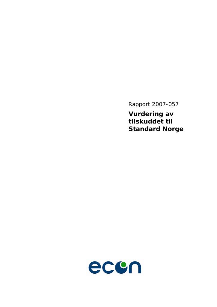 Forsiden av dokumentet Vurdering av tilskuddet til Standard Norge 