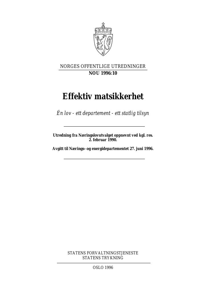 Forsiden av dokumentet NOU 1996: 10 - Effektiv matsikkerhet