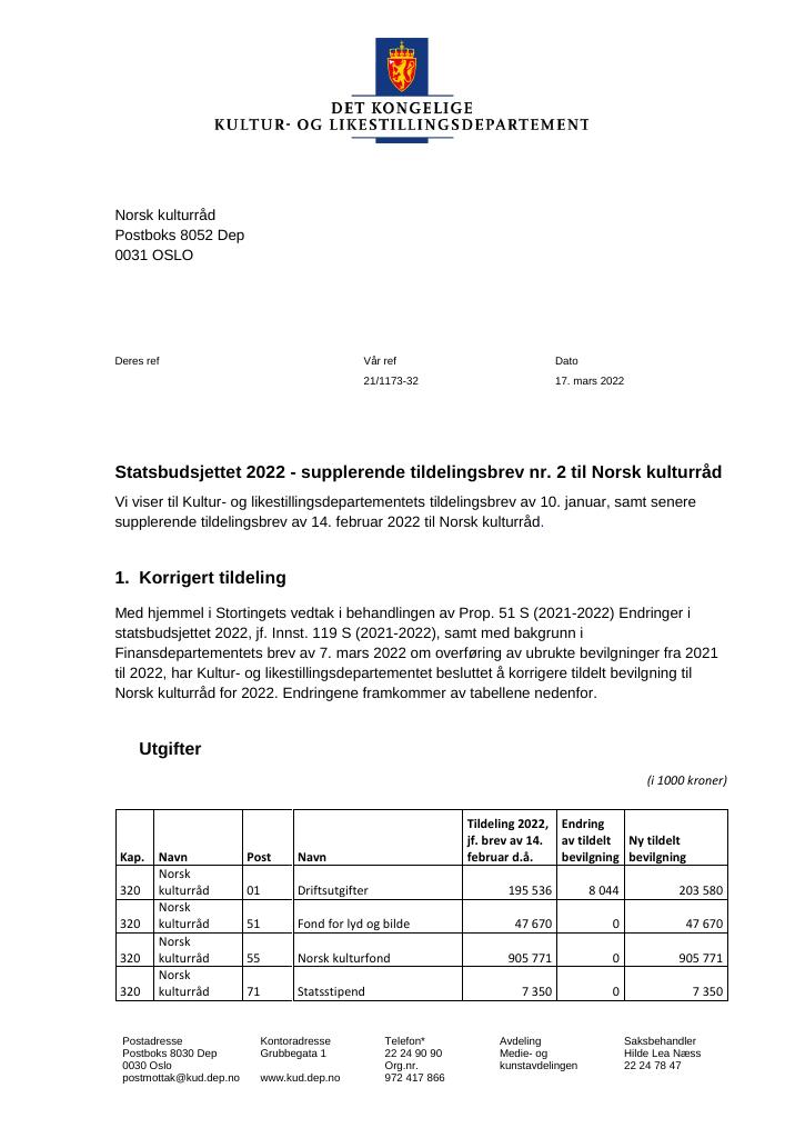 Forsiden av dokumentet Tildelingsbrev Norsk kulturråd 2022 - tillegg nr. 2