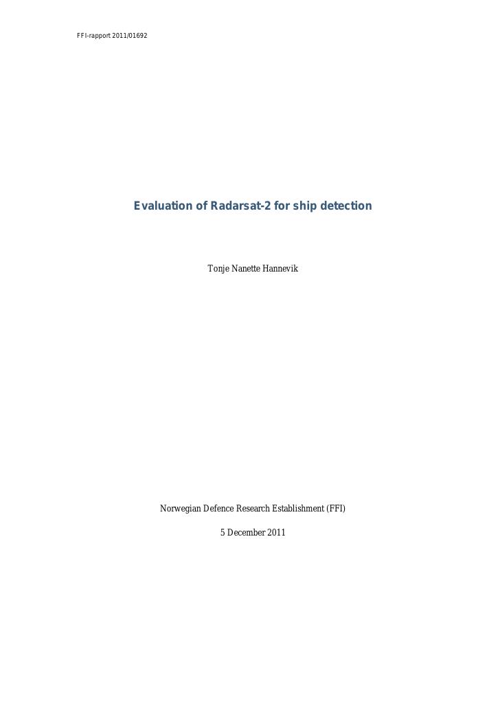 Forsiden av dokumentet Evaluation of Radarsat-2 for ship detection