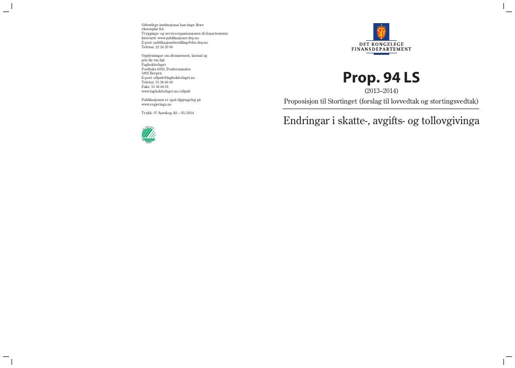 Forsiden av dokumentet Prop. 94 LS (2013–2014)