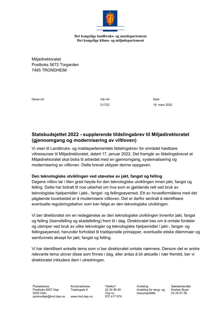 Forsiden av dokumentet Tildelingsbrev Miljødirektoratet 2022 - tillegg