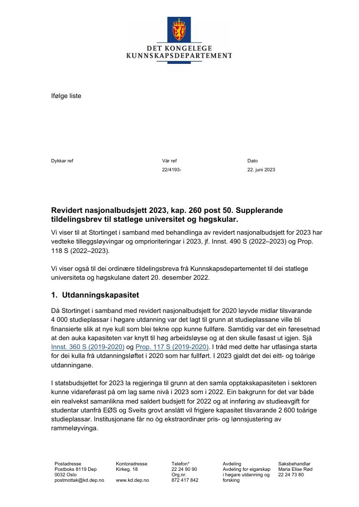 Forsiden av dokumentet Tildelingsbrev Universiteter og høyskoler 2024 - tillegg