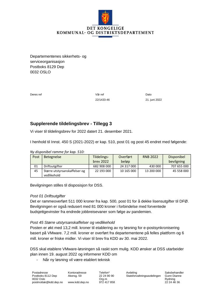 Forsiden av dokumentet Tildelingsbrev Departementenes sikkerhets- og serviceorganisasjon 2022 - tillegg nr. 3