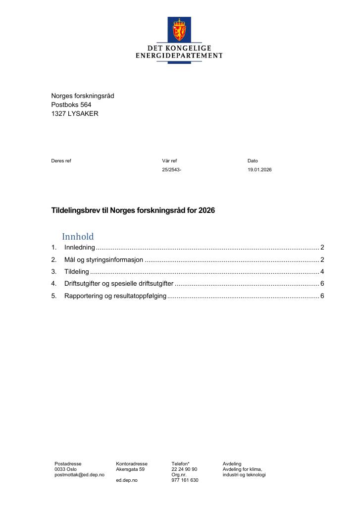 Forsiden av dokumentet Tildelingsbrev Norges forskningsråd 2026