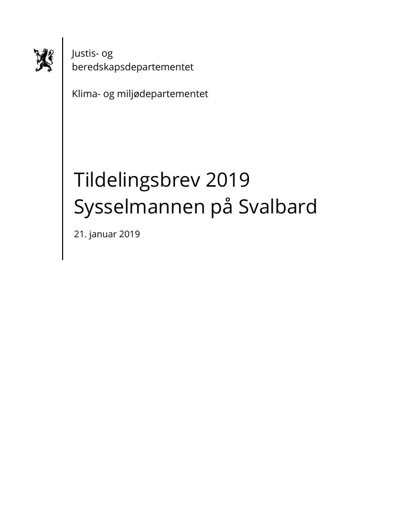 Forsiden av dokumentet Tildelingsbrev Sysselmesteren på Svalbard 2019