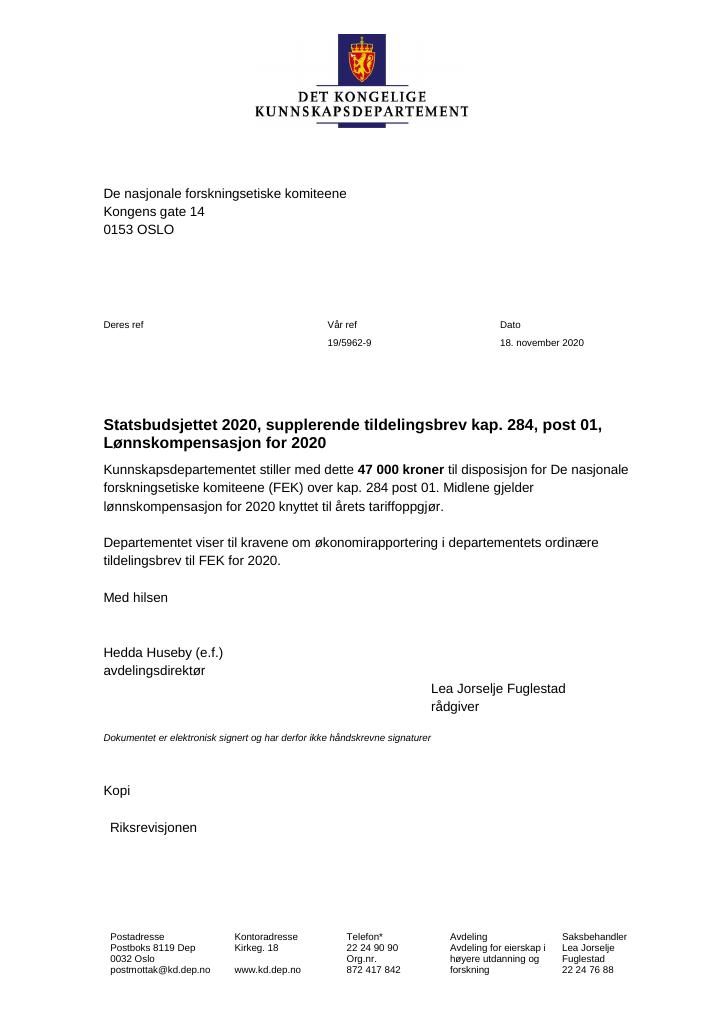 Forsiden av dokumentet Supplerende tildelingsbrev De nasjonale forskningsetiske komiteene 2020