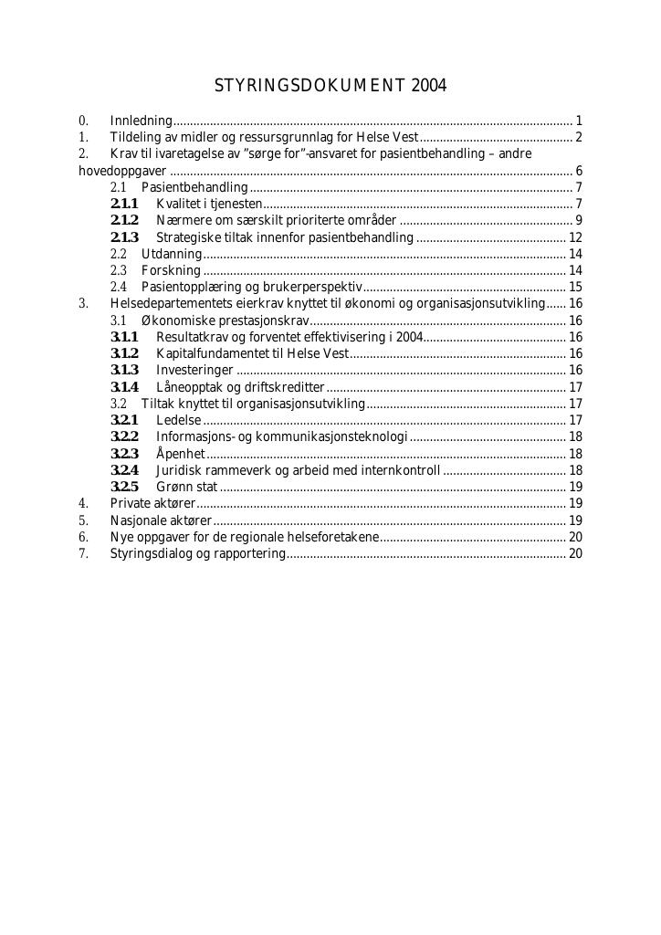 Forsiden av dokumentet Styringsdokument Helse Vest 2004