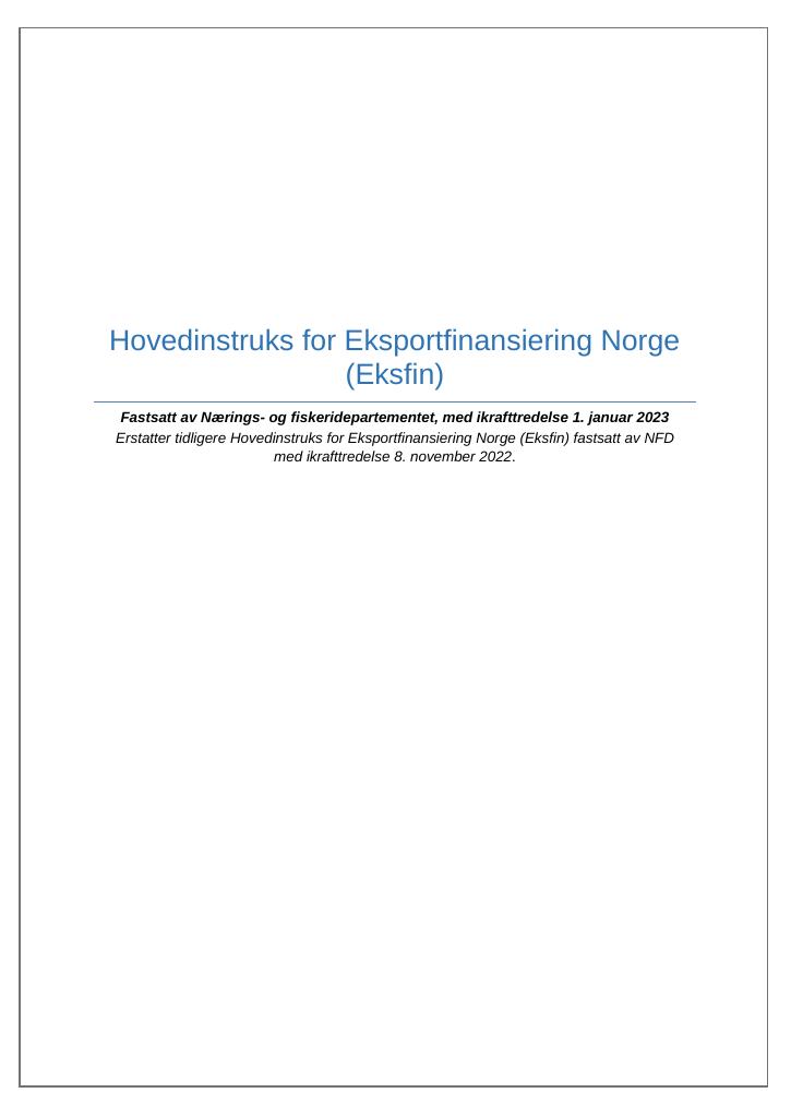Forsiden av dokumentet Hovedinstruks Eksportfinansiering Norge (Eksfin) 2023