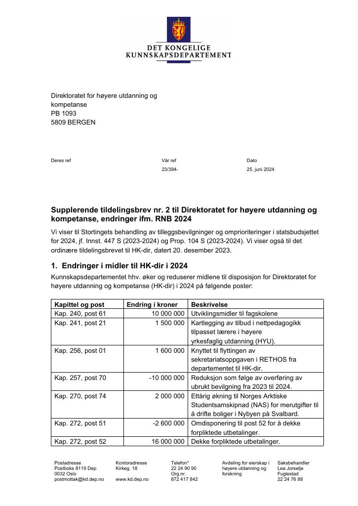 Forsiden av dokumentet Supplerende tildelingsbrev nr. 2 2024