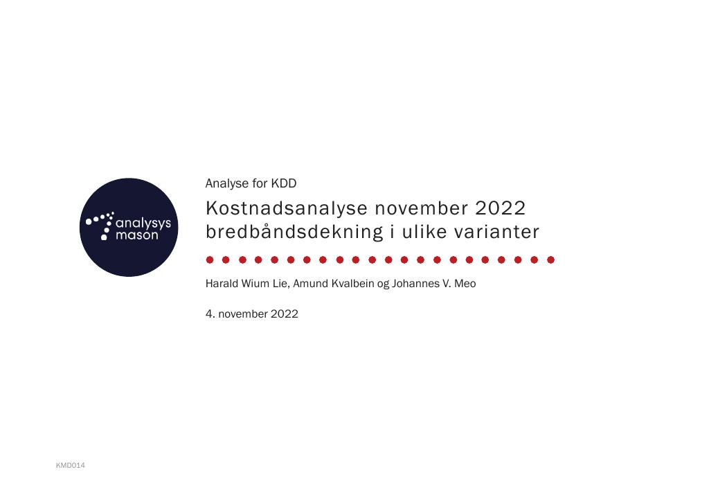 Forsiden av dokumentet Kostnadsanalyse november 2022 - bredbåndsdekning i ulike varianter