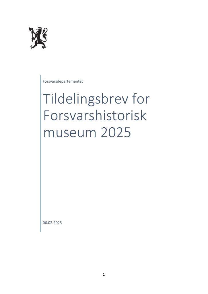 Forsiden av dokumentet Tildelingsbrev Forsvarshistorisk museum 2025