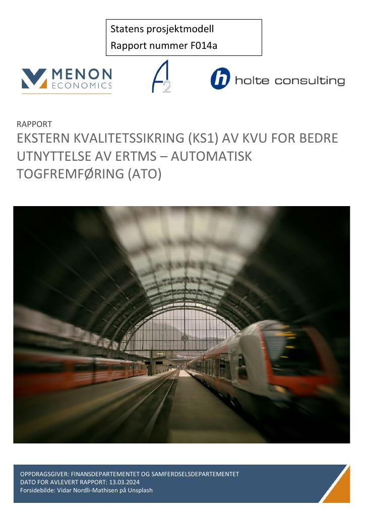 Forsiden av dokumentet Ekstern kvalitetssikring av konseptvalgutredning om bedre utnyttelse av ERTMS