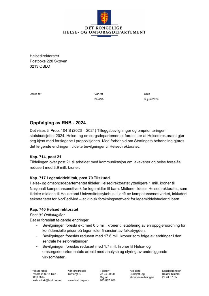 Forsiden av dokumentet oppfølging RNB 2024
