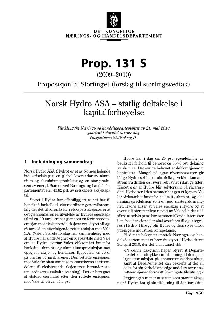 Forsiden av dokumentet Prop. 131 S (2009-2010)