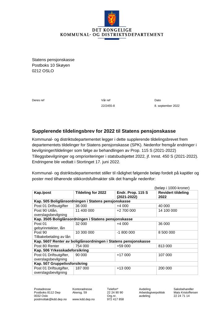 Forsiden av dokumentet Tildelingsbrev Statens Pensjonskasse 2022. - tillegg nr. 1