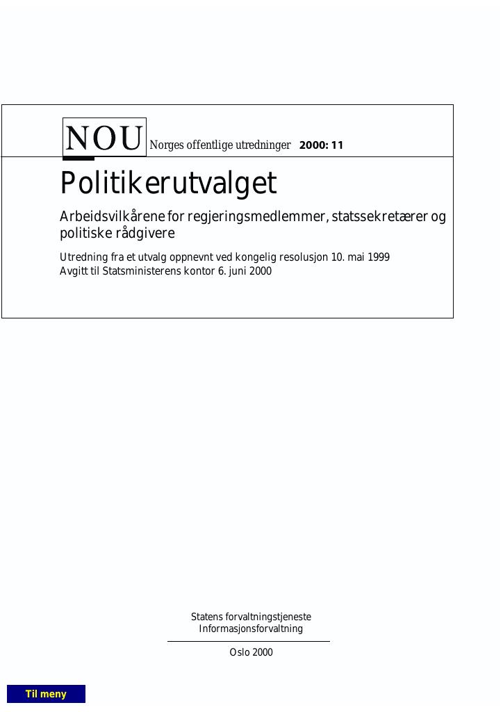 Forsiden av dokumentet NOU 2000: 11 - Politikerutvalget