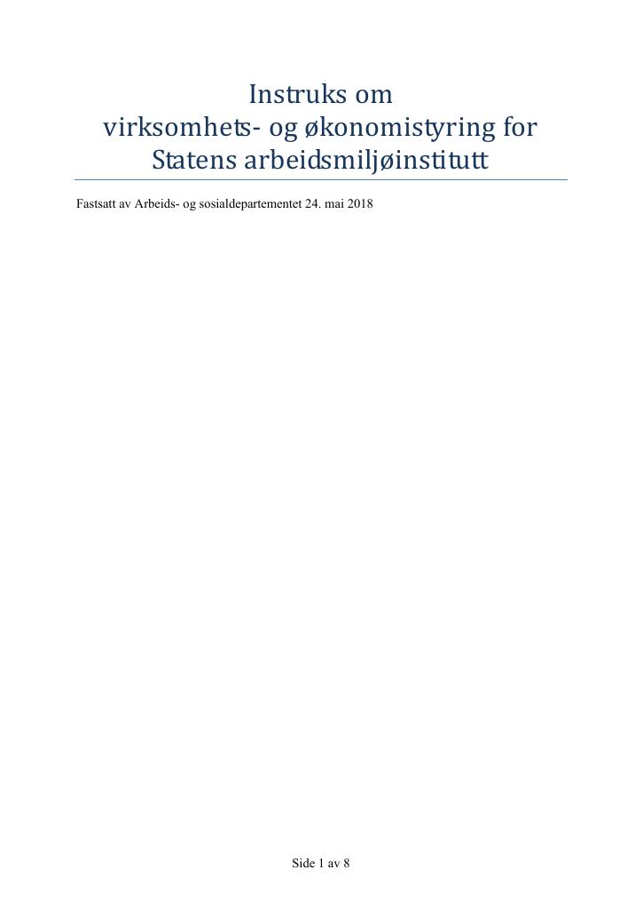 Forsiden av dokumentet Instruks om virksomhets- og økonomistyring for Statens arbeidsmiljøinstitutt (PDF)