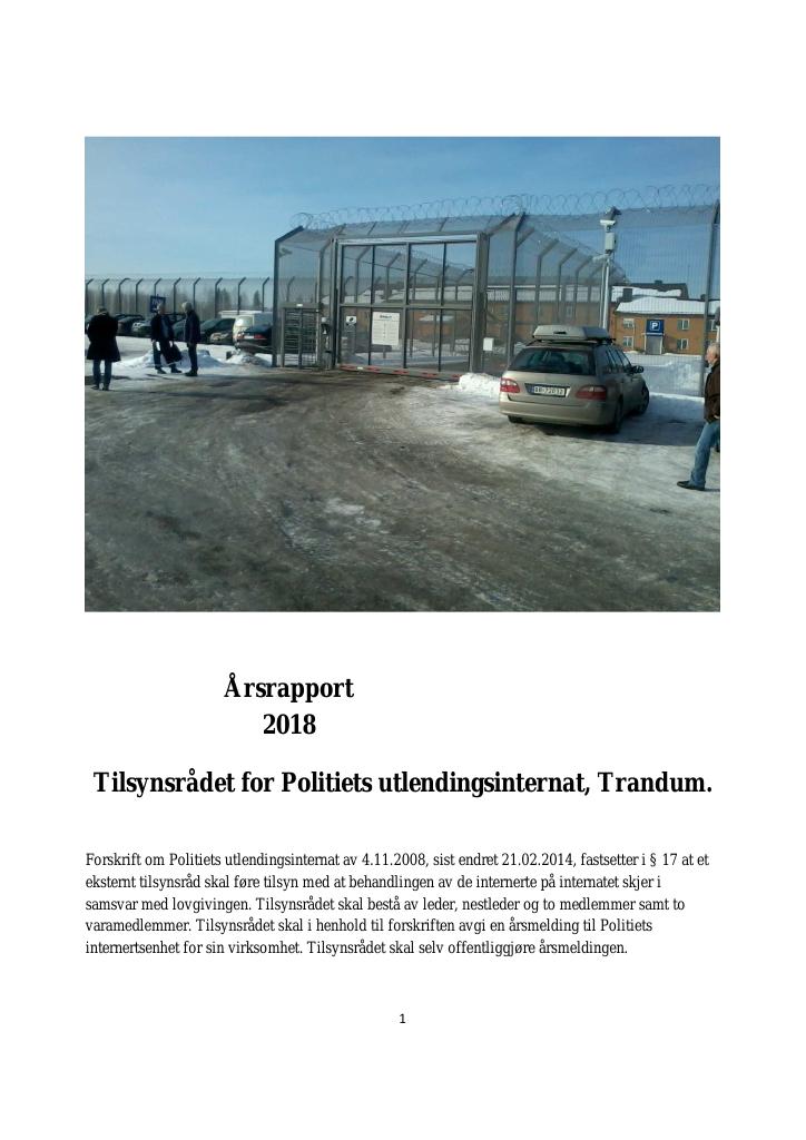 Forsiden av dokumentet Årsrapport fra Tilsynsrådet for utlendingsinternatet - 2018