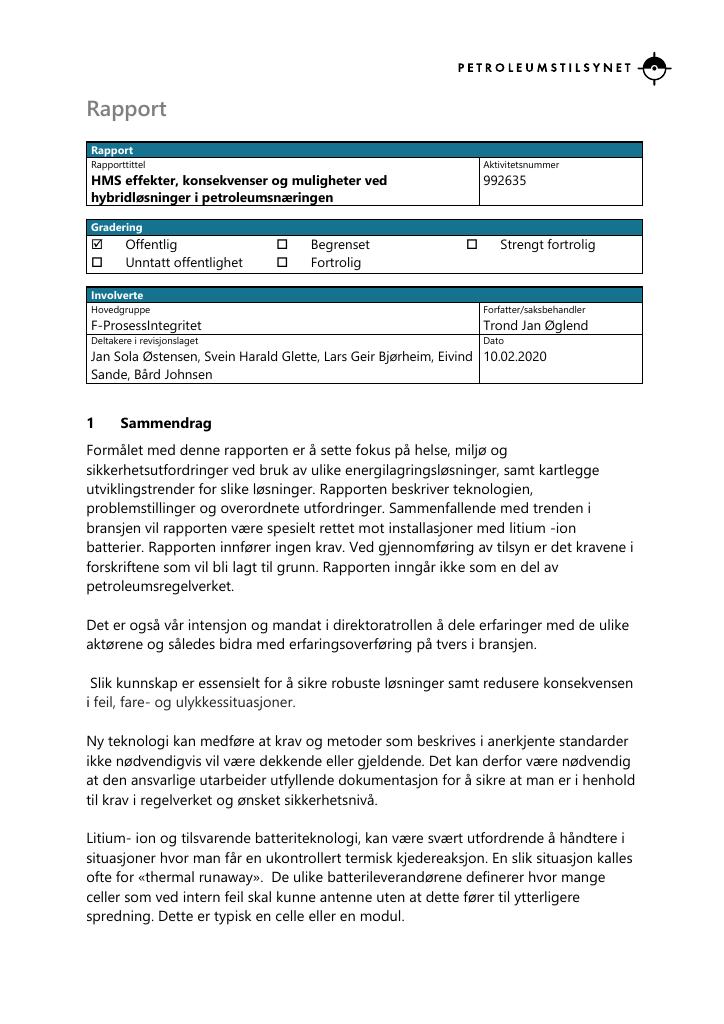 Forsiden av dokumentet HMS effekter, konsekvenser og muligheter ved hybridløsninger for kraftsystem i petroleumsnæringen
