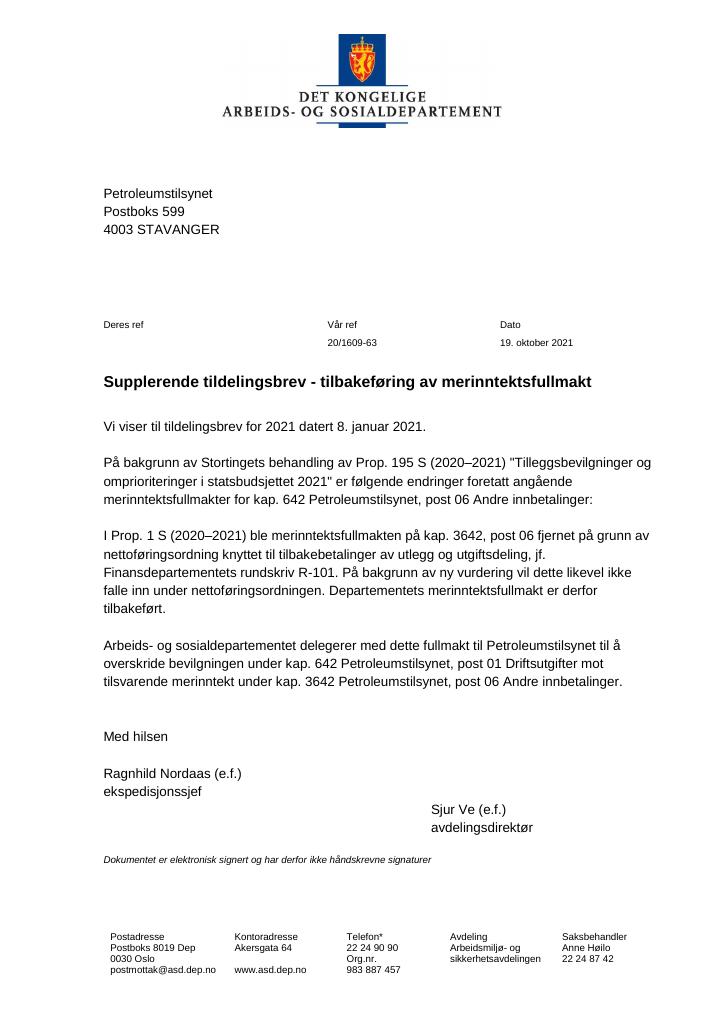 Forsiden av dokumentet Tildelingsbrev Petroleumstilsynet 2021 - tillegg nr. 3