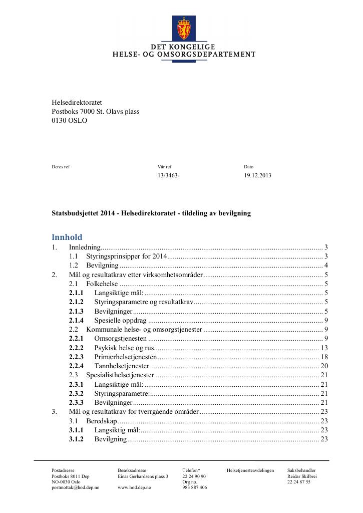 Forsiden av dokumentet Tildelingsbrev (pdf)