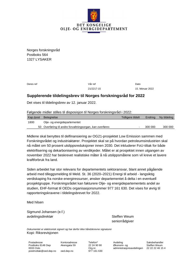 Forsiden av dokumentet Tildelingsbrev Norges forskningsråd 2022 - tillegg nr. 1