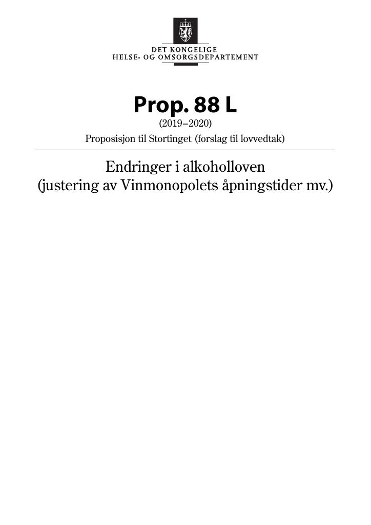 Forsiden av dokumentet Prop. 88 L (2019–2020)