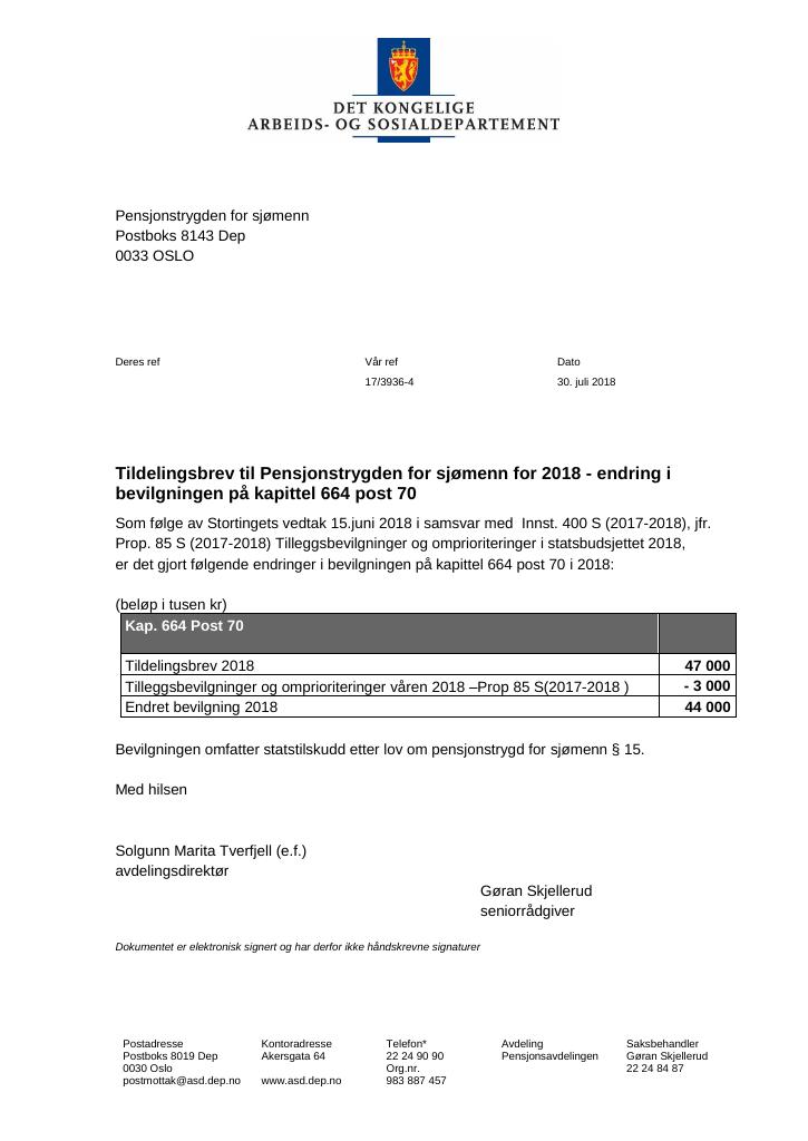 Forsiden av dokumentet Supplerende tildelingsbrev nr. 1 Pensjonstrygden for sjømenn 2018