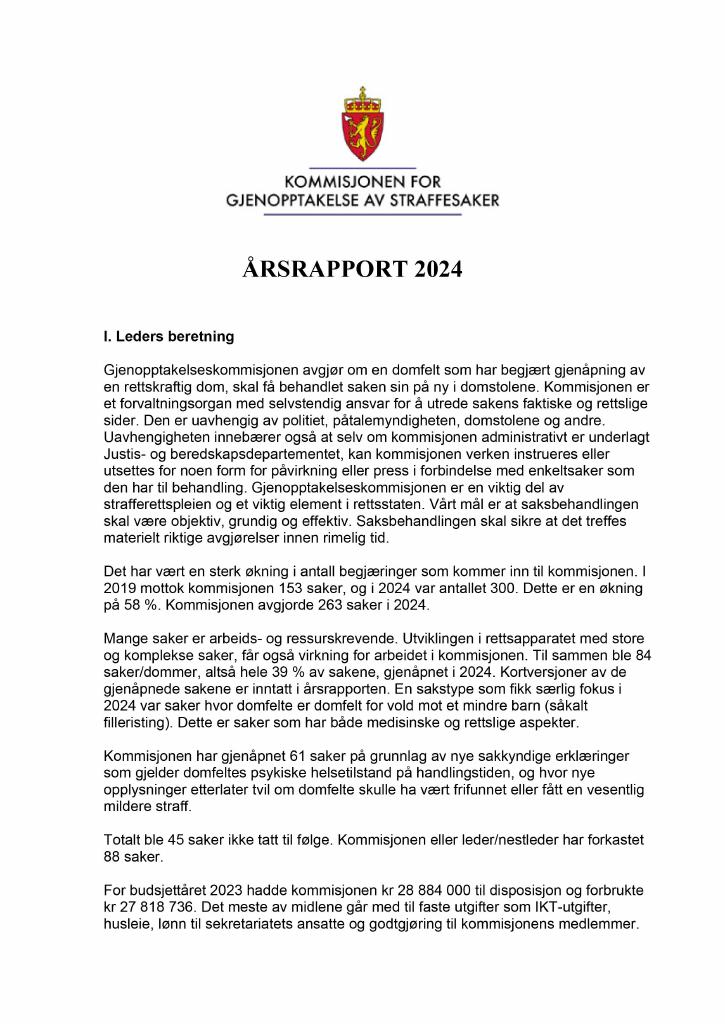 Forsiden av dokumentet Årsrapport Kommisjonen for gjenopptakelse av straffesaker 2024