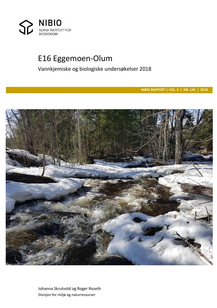 Forsiden av dokumentet E16 Eggemoen-Olum : vannkjemiske og biologiske undersøkelser 2018