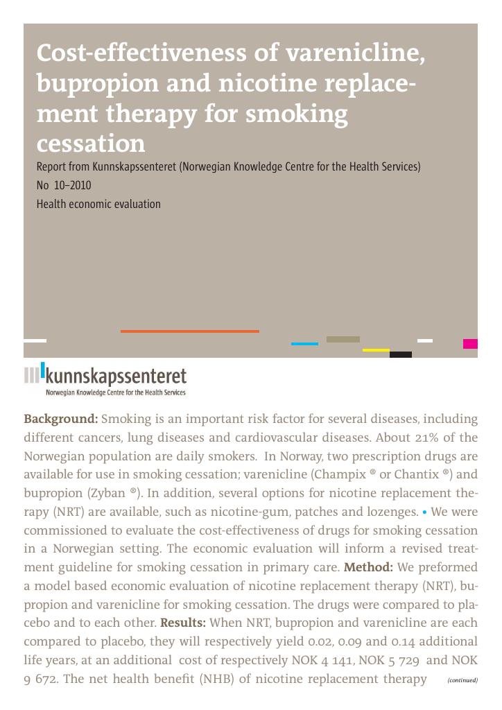 Forsiden av dokumentet Cost-effectiveness of varenicline, bupropion and nicotine replacement therapy for smoking cessation