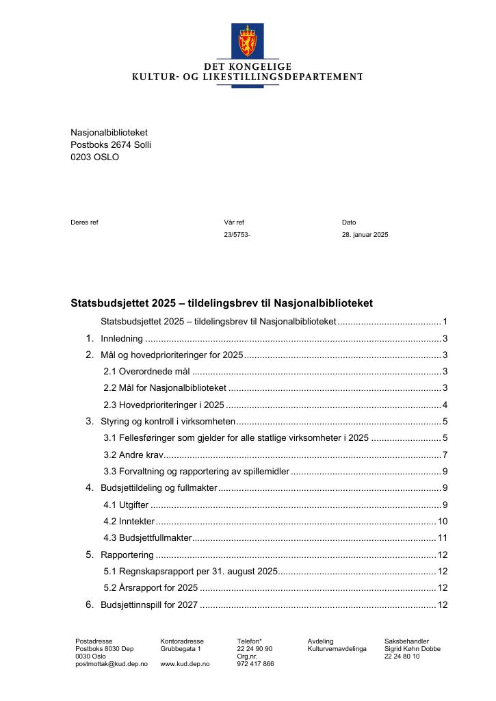 Forsiden av dokumentet Tildelingsbrev Nasjonalbiblioteket 2025