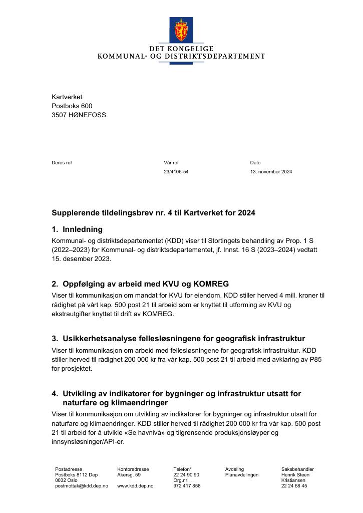 Forsiden av dokumentet Tildelingsbrev Kartverket 2024 - tillegg