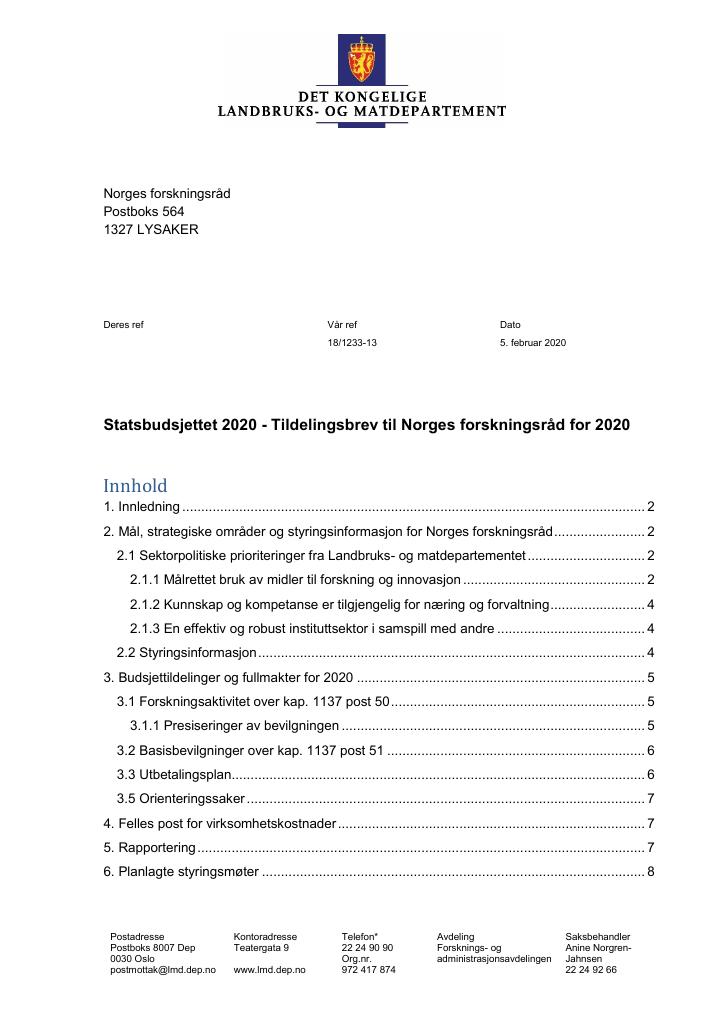 Forsiden av dokumentet Tildelingsbrev Norges forskningsråd 2020